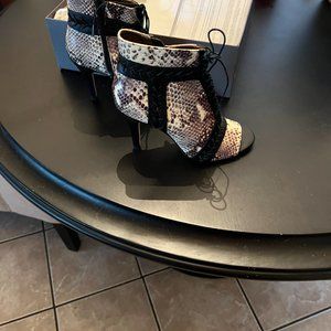 Cynthia Vincent | Magan Lace-Up Snake Embossed Leather Booties Stiletto Peep Toe